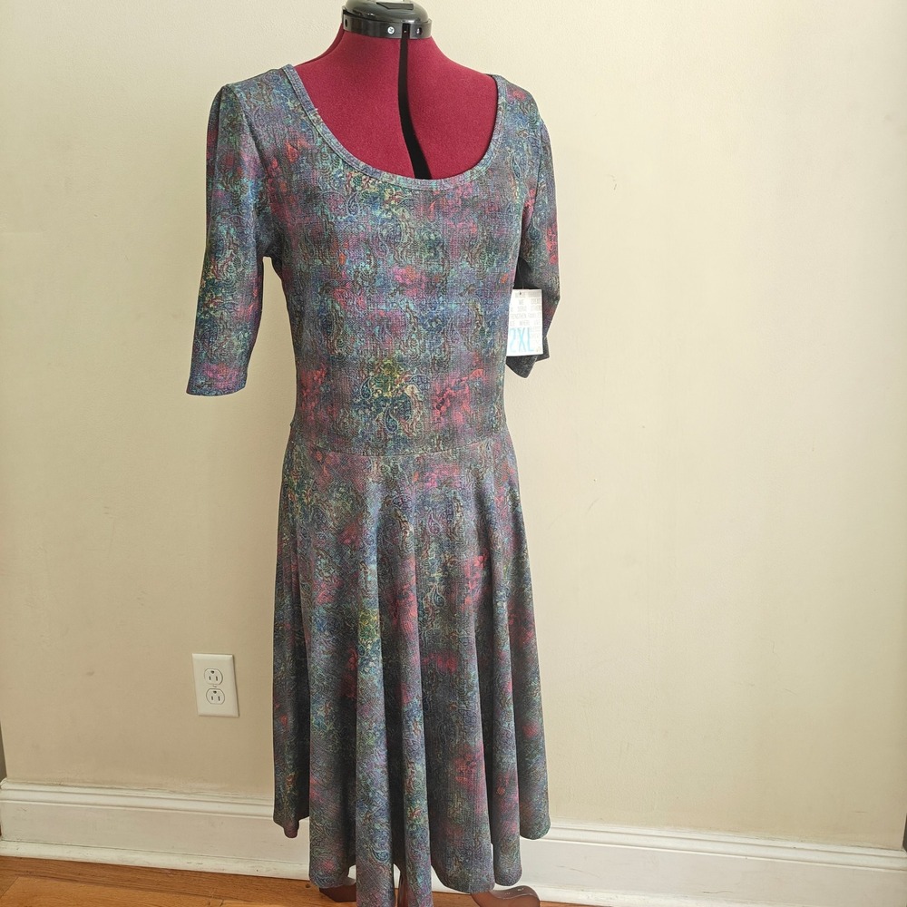 LuLaRoe Nicole Midi Dress 2XL Multi Color‎ Paisley Floral Fit Flare Elbow Sleeve